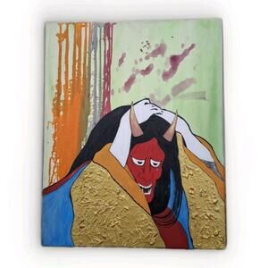 Vtg Striking Multimedia on Canvas Contemporary Interpretation Hannya Mask, Japan